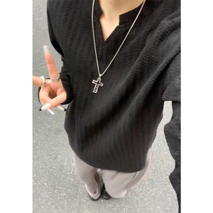 美式高街千鸟格子长袖T恤男女亨利V领英伦雅痞休闲宽松长袖打底衫图片