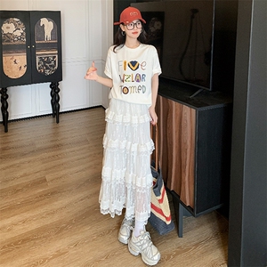 欧货休闲时尚套装女夏季新款纯色圆领字母印花短袖蕾丝长裙两件套图片