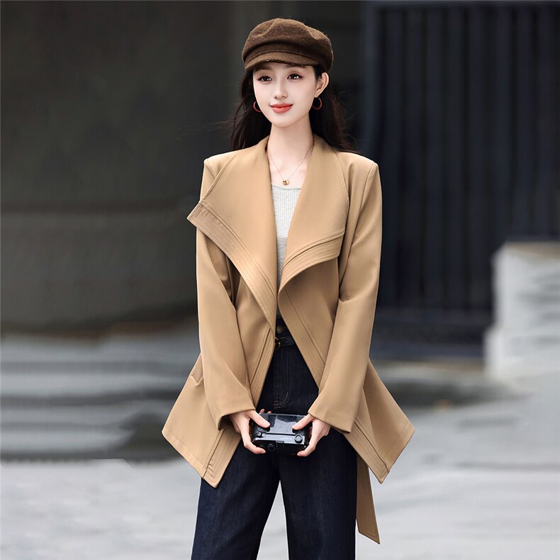 高端时尚女2026秋新款气质宽松显瘦韩版大翻领风衣外套送腰带,女装风衣,火爆靓佳人