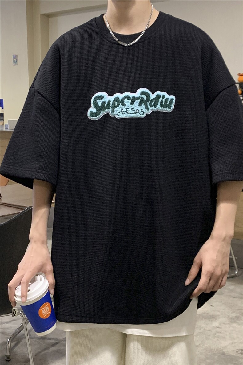 潮流字母毛巾绣T恤学校华夫格宽松休闲短袖JK23258-p35-控48,男装T恤,星座605(原A050)