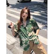 海边度假风绿色碎花短袖衬衫女夏季港味polo领衬衣外套C006，男装T恤，星座1116A（原606A-3）