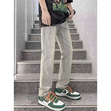 简木简搭春季美式牛仔裤高街黄泥染弹力牛仔裤宽松水洗做旧直筒裤，男装牛仔裤，星座506A