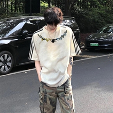 抖音得物高品质二开240克宽松纯棉美式潮牌三条杠织带短袖T恤，男装T恤，电商A486-1