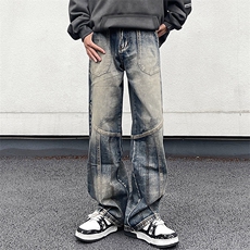 男女高街美式黄泥染拼接牛仔裤男宽松阔腿设计裤A068-KXSK83-TP60，男装牛仔裤，电商A068