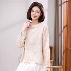 优雅刺绣苎麻圆领小衫春季新款女装长袖衬衫修身显瘦百搭上衣，女装衬衫，希欧阁