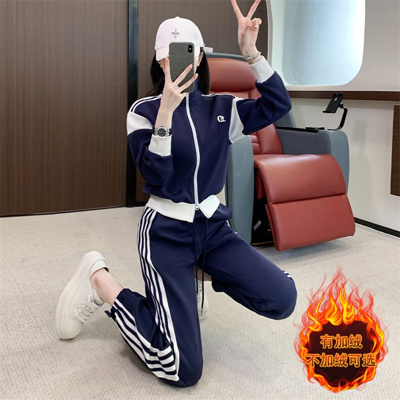 女秋季新款盐系拼接开衫外套休闲卫裤两件套,女装套装/套裙,江南