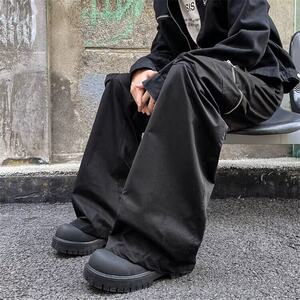 黑色工装西裤男拉链口袋纯色宽松阔腿微喇拖地裤1001-1-X113-P55图片