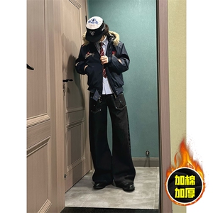 现货高品质美式高街重磅刺绣座山雕大毛毛领棉衣男女加厚棉服外套图片
