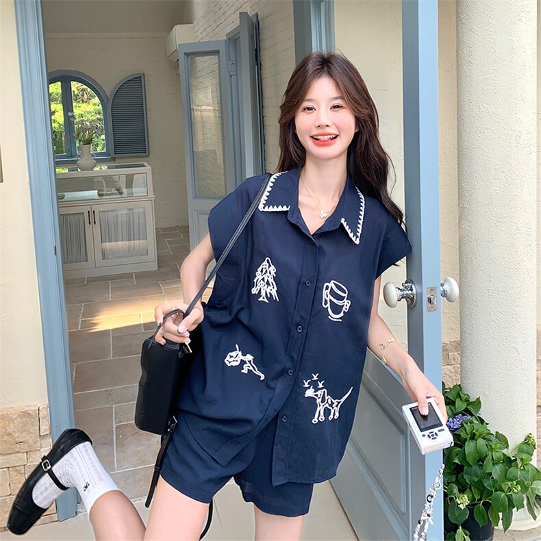 甜美黄色刺绣衬衫短裤套装女夏2025新款小个子两件套超火大方得体,女装套装/套裙,2C022