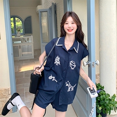 甜美黄色刺绣衬衫短裤套装女夏2025新款小个子两件套超火大方得体，女装套装/套裙，2C022
