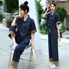 2023夏装新款洋气时尚修身松紧腰牛仔套装撞色甜酷两件套，女装套装/套裙，冬木谷雨