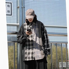 潮拼接格子衬衫男长袖春秋潮牌日系复古情侣衬衣外套LS767P50，男装衬衫，星座1013-5