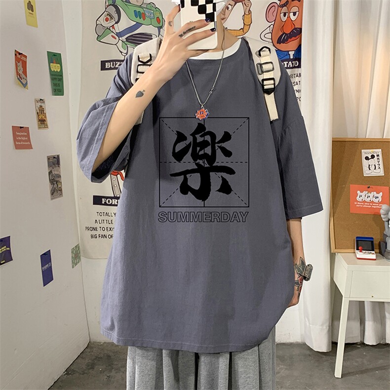 YT26197-P30亚麻短袖t恤男大码五分袖男宽松七分袖海报风,男装T恤,电商A040