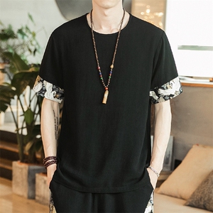 2021夏季新款短袖中国风男亚麻仙鹤印花上衣棉麻T恤黑色 T09图片