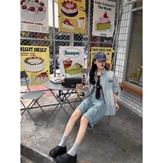 新款水洗复古领带装饰渐变做旧短袖衬衫夏男女同款宽松休闲衬衣，男装T恤，星座506A