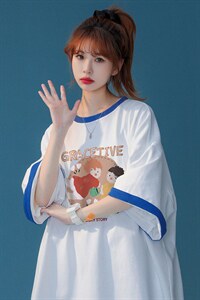中性  春夏新款宽松复古卡通印花撞色圆领短袖T恤女T6260 P35控48图片
