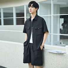 休闲套装男夏季薄款衬衫男士短袖短裤两件套衬衣帅气3388-P120，男装休闲套装，电商A355（原A415）