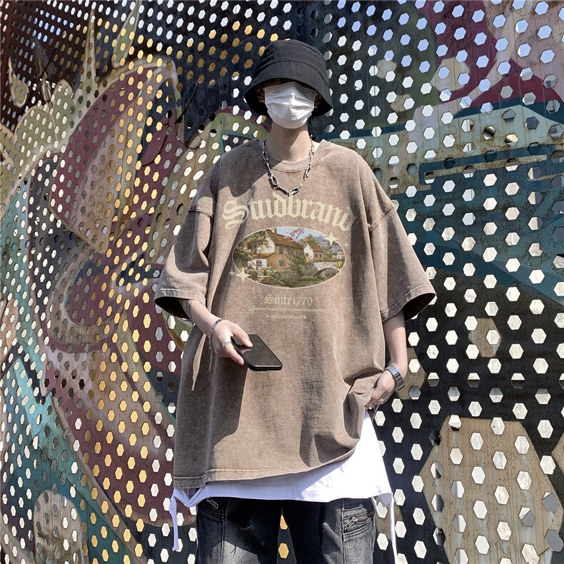 创意印花水洗短袖男夏季美式复古T恤ins港风潮流做旧高街图片