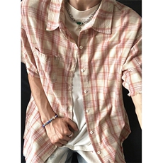 复古下摆流苏格子衬衫短袖男夏休闲简约欧若风氛围感衬衣WA40，男装衬衫，星座1116A（原606A-3）