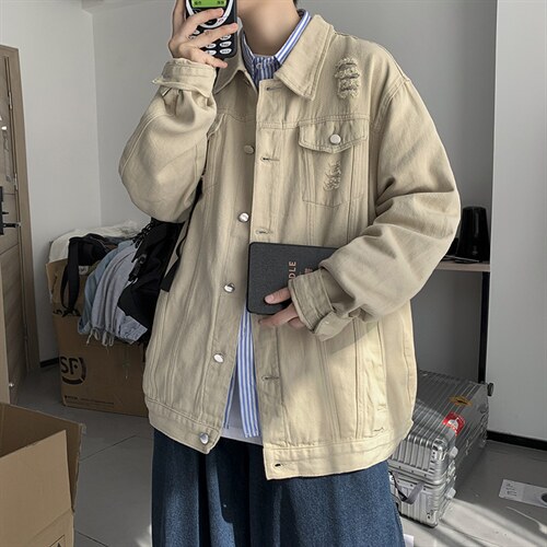 J08-P85控108春秋纯色破洞休闲牛仔外套韩版宽松百搭夹克潮,男装工装外套,电商A036A