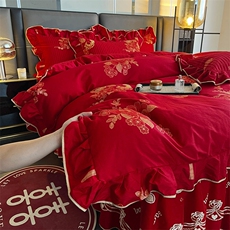 新款A类全棉大红印花床裙四件套，床品套件，一起卖家纺