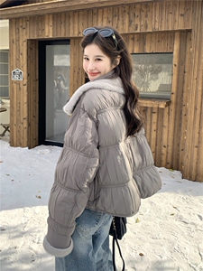 灰色短款泡芙羽绒服女2025冬季高级感毛毛拼接保暖90白鸭绒厚外套图片