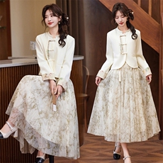 2024年春季中式文艺套裙袖口镶色门襟盘扣小外套+压绉花色半身裙，女装套装/套裙，贝蕾酷儿