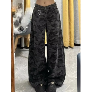 迷彩阔腿工装裤女冬季宽松直筒显瘦百搭拖地牛仔长裤K102