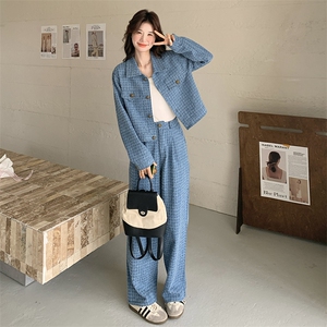 蓝色小香风牛仔套装女2025春季新款韩系休闲短款上衣阔腿裤两件套图片