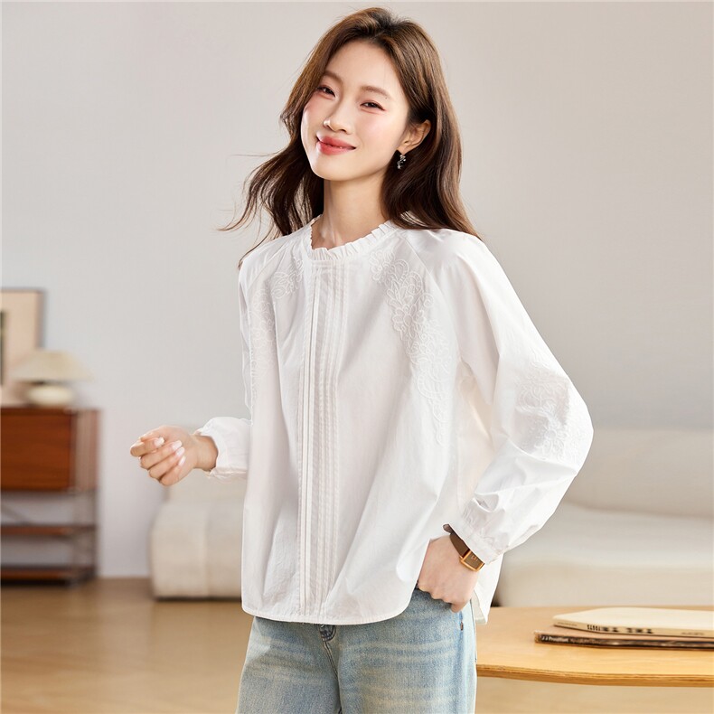 木耳边刺绣衬衫女长袖春季2026新款休闲减龄上衣，女装衬衫，忆绮罗