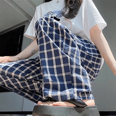 美式高街潮牌男女泡泡格子休闲裤直筒宽松慵懒显瘦阔腿休闲长裤子，男装休闲裤，电商A486