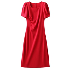 方领开叉短袖连衣裙女2025年夏季新款时尚百搭通勤中长裙，女装连衣裙，火爆靓佳人