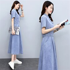 天丝牛仔连衣裙女夏季2024新款两件套洋气减龄套装裙宽松大码套装，女装套装/套裙，关键词
