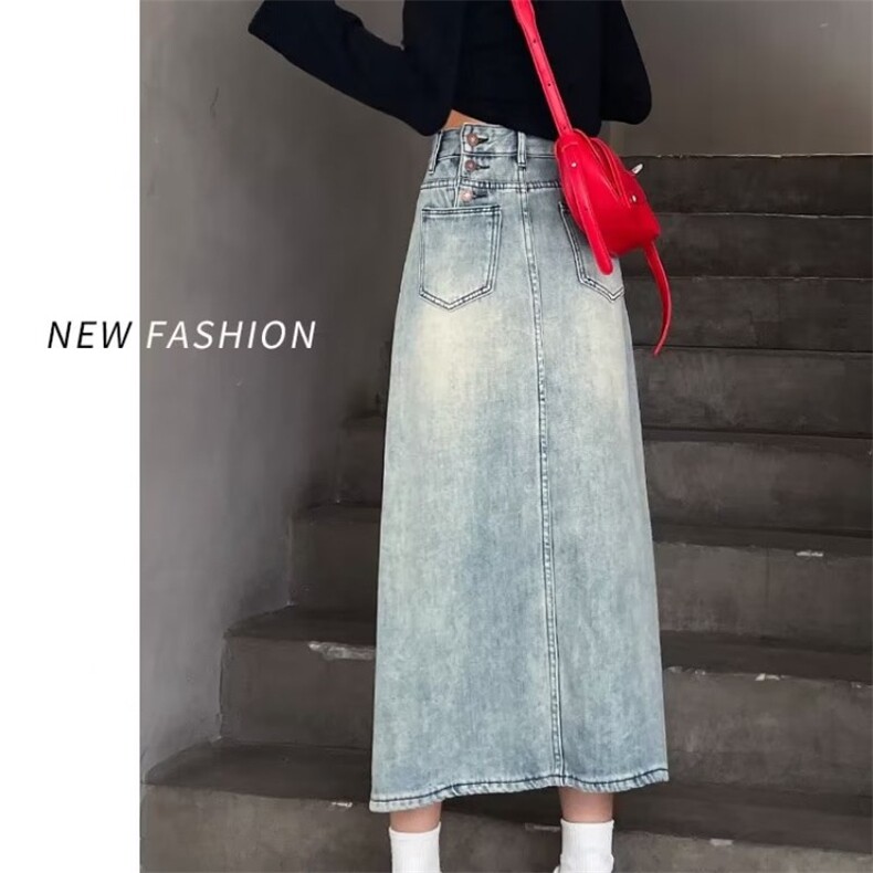 复古牛仔裙半身裙女中长款2025年新款夏季a字开叉高腰包臀裙春秋图片