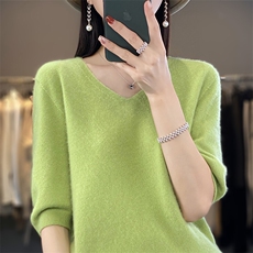 V领时尚套头纯色简约短袖羊毛针织衫2024年秋季，女装羊毛衫，暖圣羊羊绒