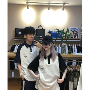 得物品质夏款男POLO衫纯棉拼色字母印花宽松五分袖T恤衫T3 P48图片