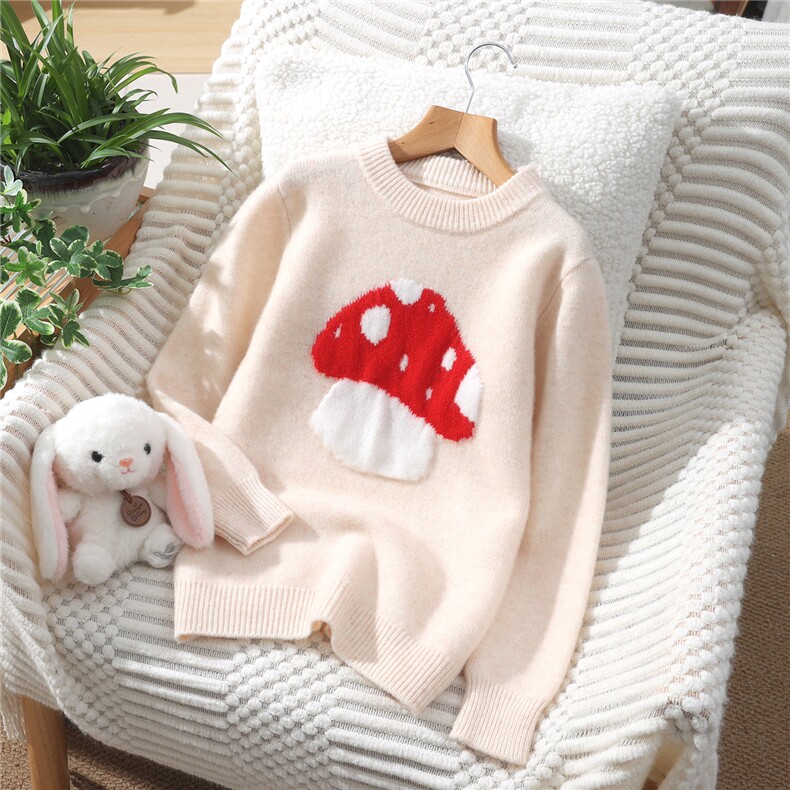 新款百搭双股半高卡通蘑菇刺绣，童装儿童羊毛衫，蒙王妃