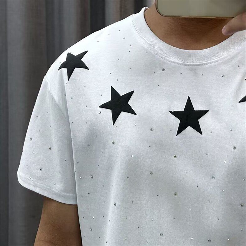 夏季新款五角星潮牌烫钻满天星短袖T恤男宽松时尚设计感半袖上衣,男装T恤,星座506A
