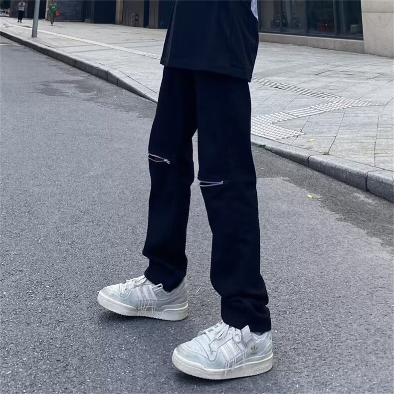 欧美vibe风高街黑色膝盖破洞拉链牛仔裤小众炸街裤子男RK3070-P39,男装牛仔裤,星座412-1