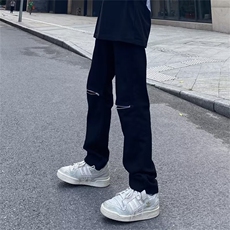 欧美vibe风高街黑色膝盖破洞拉链牛仔裤小众炸街裤子男RK3070-P39，男装牛仔裤，星座412-1