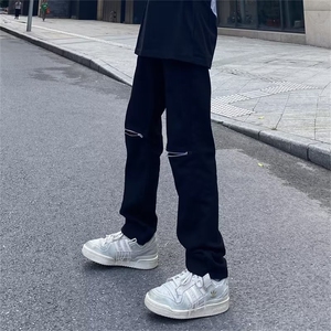 欧美vibe风高街黑色膝盖破洞拉链牛仔裤小众炸街裤子男RK3070-P39图片