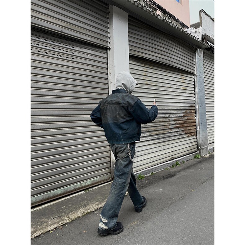 扎染水洗牛仔外套美式高级感炸街潮牌废土风夹克JK8631特P70,男装工装外套,星座908-1