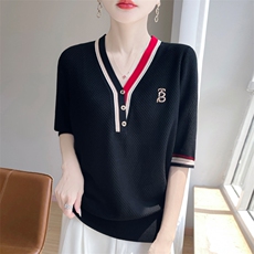 夏季新款莱赛尔天丝撞色V领刺绣短袖女宽松百搭显瘦时尚休闲上衣，女装T恤，暖娇绒包芯纱店