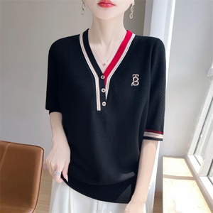夏季新款莱赛尔天丝撞色V领刺绣短袖女宽松百搭显瘦时尚休闲上衣图片
