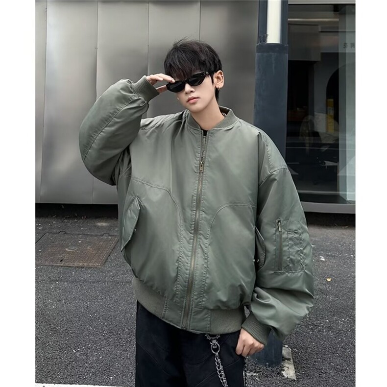 美式飞行员棉服夹克短宽廓形军绿色工装外套男秋冬棒球服,男装夹克,星座506