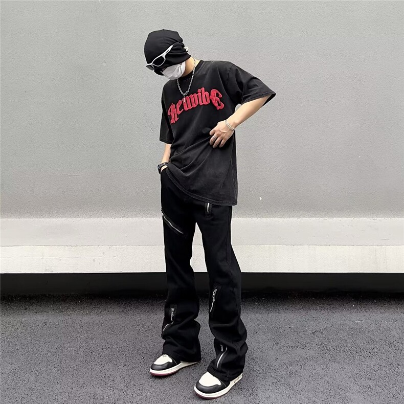 美式vibe裤子高街水洗牛仔裤男设计感小众拉链裤B9037P42,男装牛仔裤,星座1116-2
