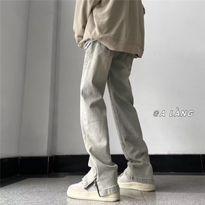 欧美高街牛仔裤男韩版裤脚开衩拉链2025春季ins直筒裤RK099-P41图片