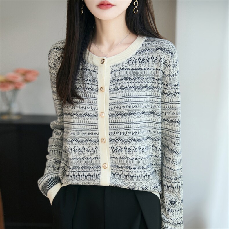 法式拼色精纺羊毛开衫女圆领提花长袖针织毛衣宽松羊绒衫外套上衣，女装针织衫/毛衣，九嘉羊绒