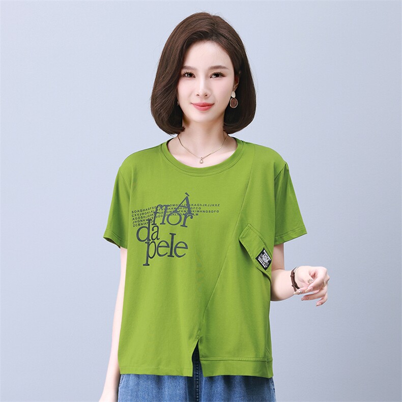时尚宽松拼接印花短袖上衣舒适百搭显瘦T恤,女装衬衫,叶笙衣