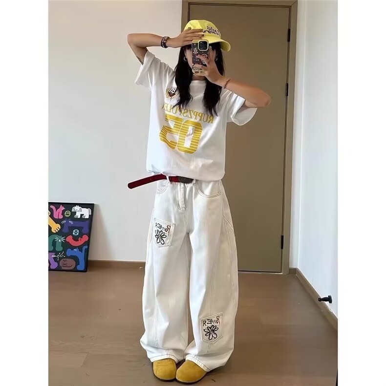 白色弯刀牛仔裤男女美式高街设计感小众直筒阔腿镰刀裤子,男装牛仔裤,四季星座505